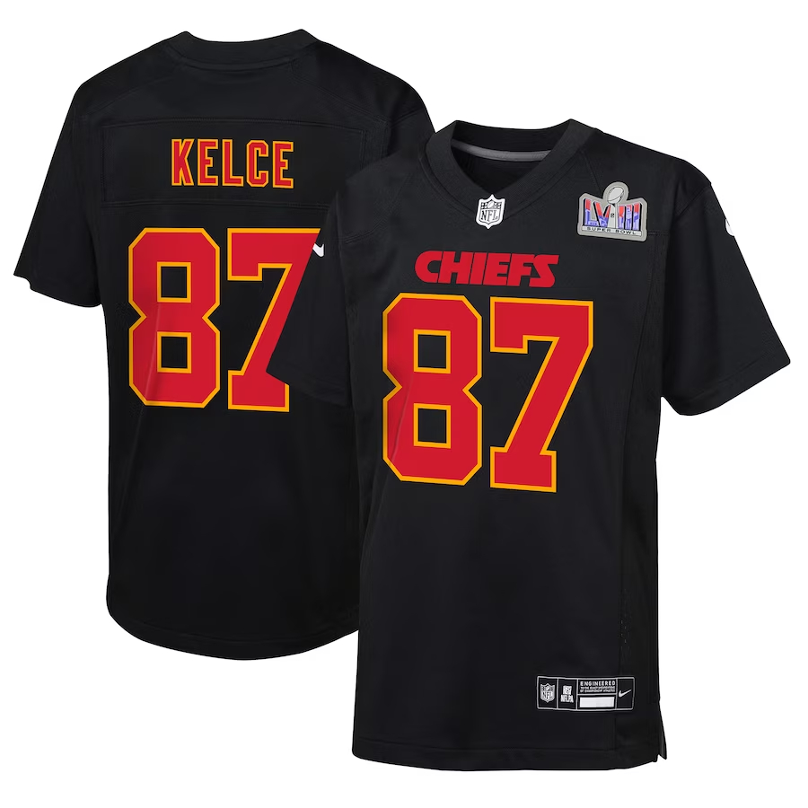 Youth Kansas City Chiefs #87 Travis Kelce Black Nike Super Bowl LVIII Patch Carbon Fashion Game Football Stitched Jersey