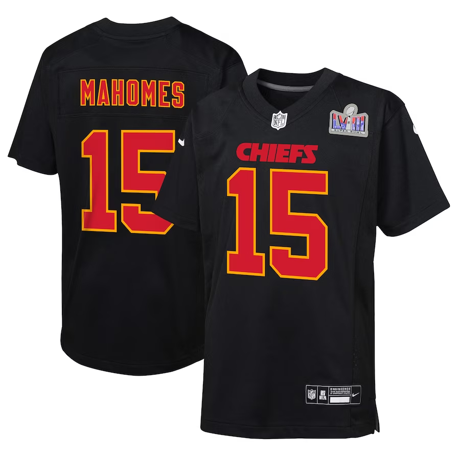 Youth Kansas City Chiefs #15 Patrick Mahomes Black Nike Super Bowl LVIII Patch Carbon Fashion Game Football Stitched Jersey