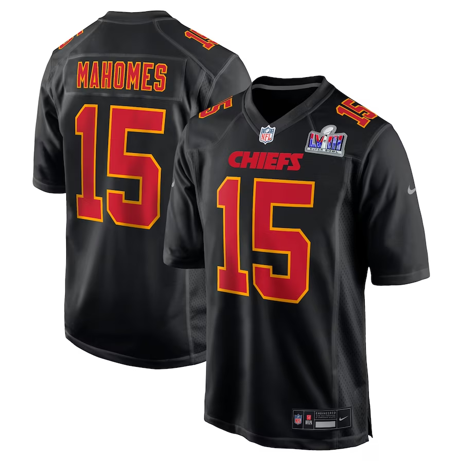 Men's Kansas City Chiefs #15 Patrick Mahomes Black Nike Super Bowl LVIII Carbon Fashion Game Player Football Stitched Jersey