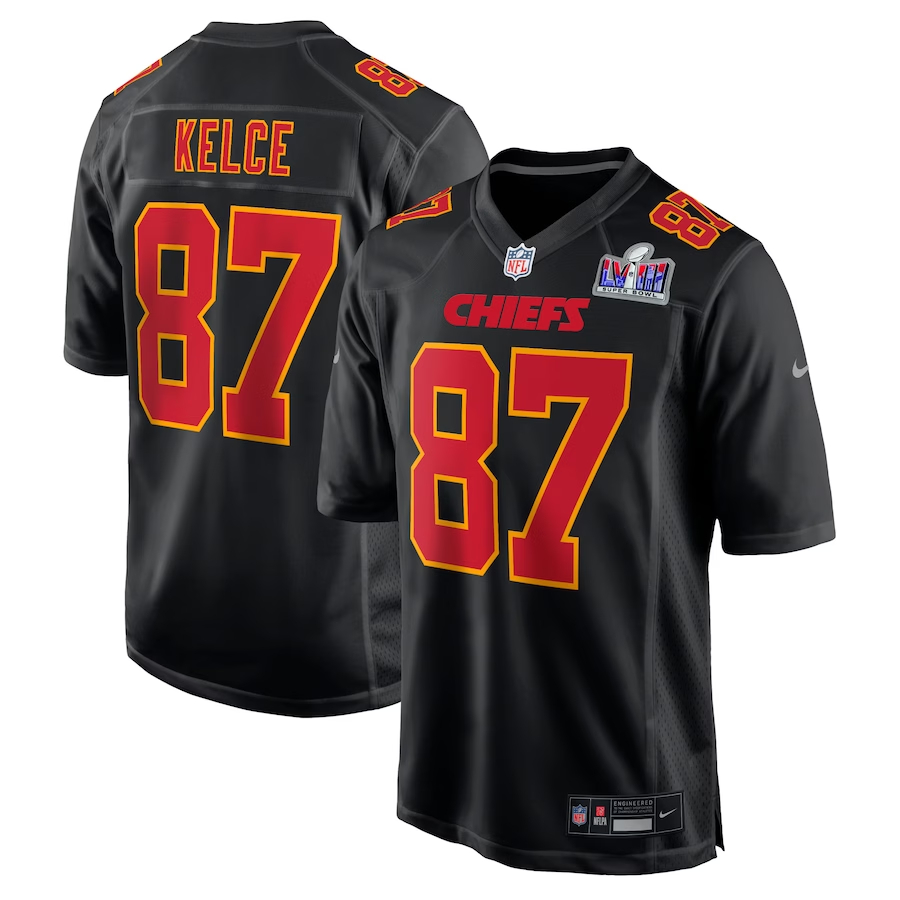 Men's Kansas City Chiefs #87 Travis Kelce Black Nike Super Bowl LVIII Carbon Fashion Game Player Football Stitched Jersey