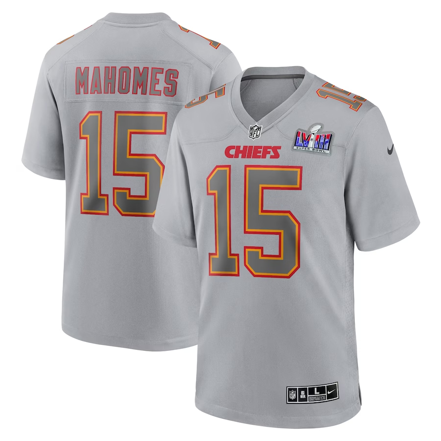 Men's Kansas City Chiefs #15 Patrick Mahomes Gray Nike Super Bowl LVIII Atmosphere Fashion Game Football Stitched Jersey