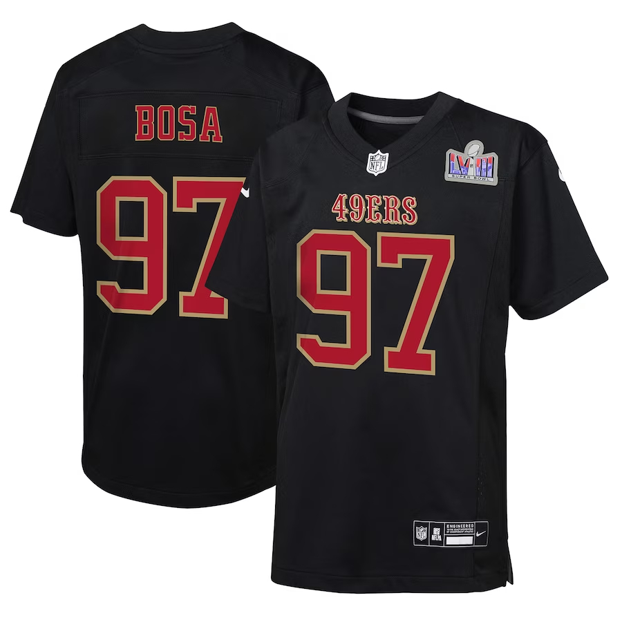 Youth San Francisco 49ers #97 Nick Bosa Black Nike Super Bowl LVIII Patch Carbon Fashion Game Football Stitched Jersey