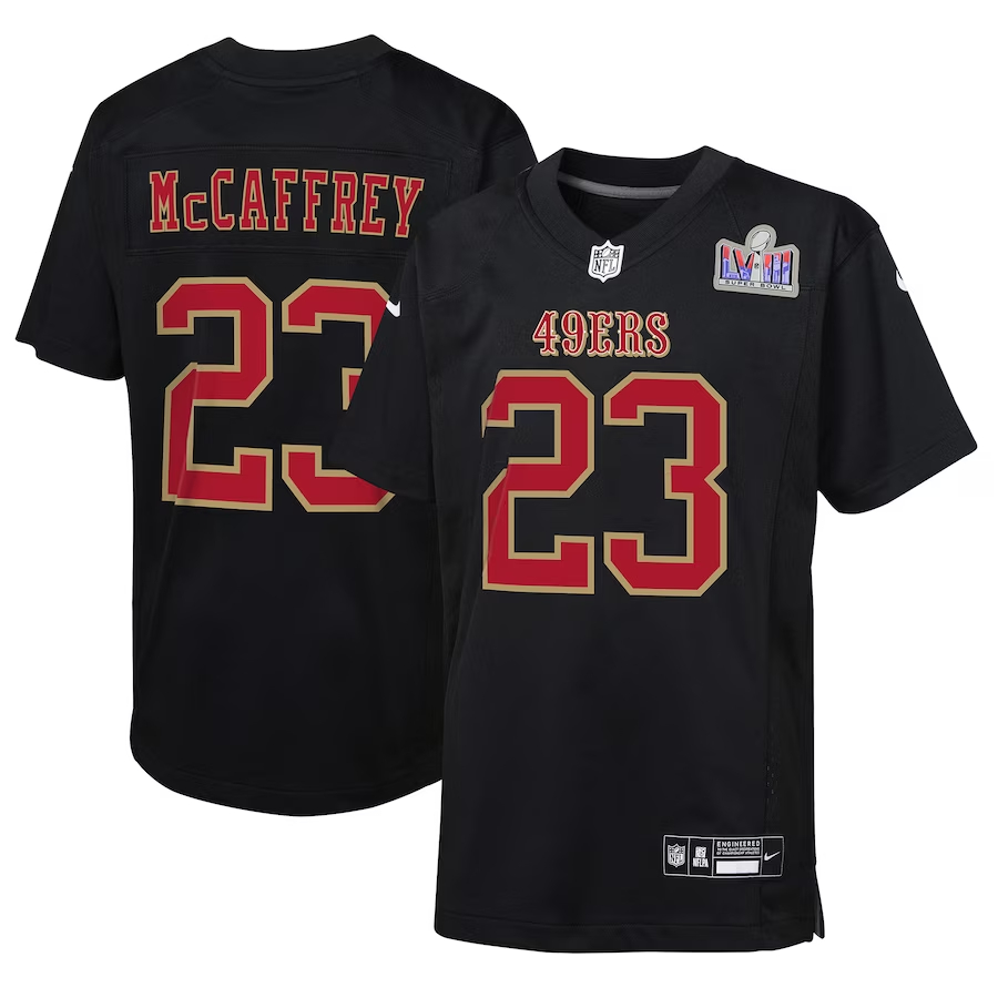 Youth San Francisco 49ers #23 Christian McCaffrey Black Nike Super Bowl LVIII Patch Carbon Fashion Game Football Stitched Jersey