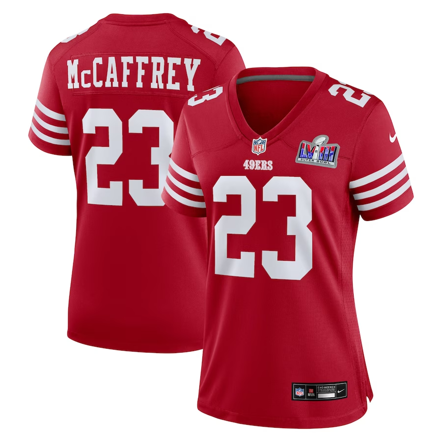 Women's San Francisco 49ers #23 Christian McCaffrey Scarlet Nike Super Bowl LVIII Game Football Stitched Jersey