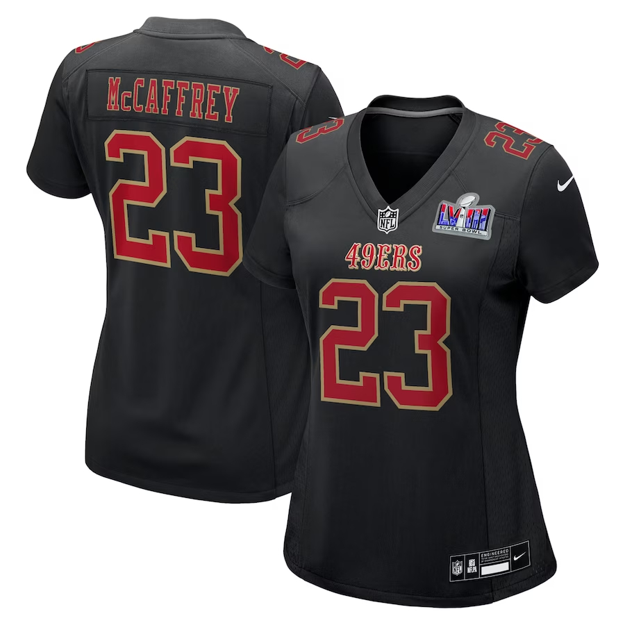 Women's San Francisco 49ers #23 Christian McCaffrey Black Nike Super Bowl LVIII Carbon Fashion Game Player Football Stitched Jersey