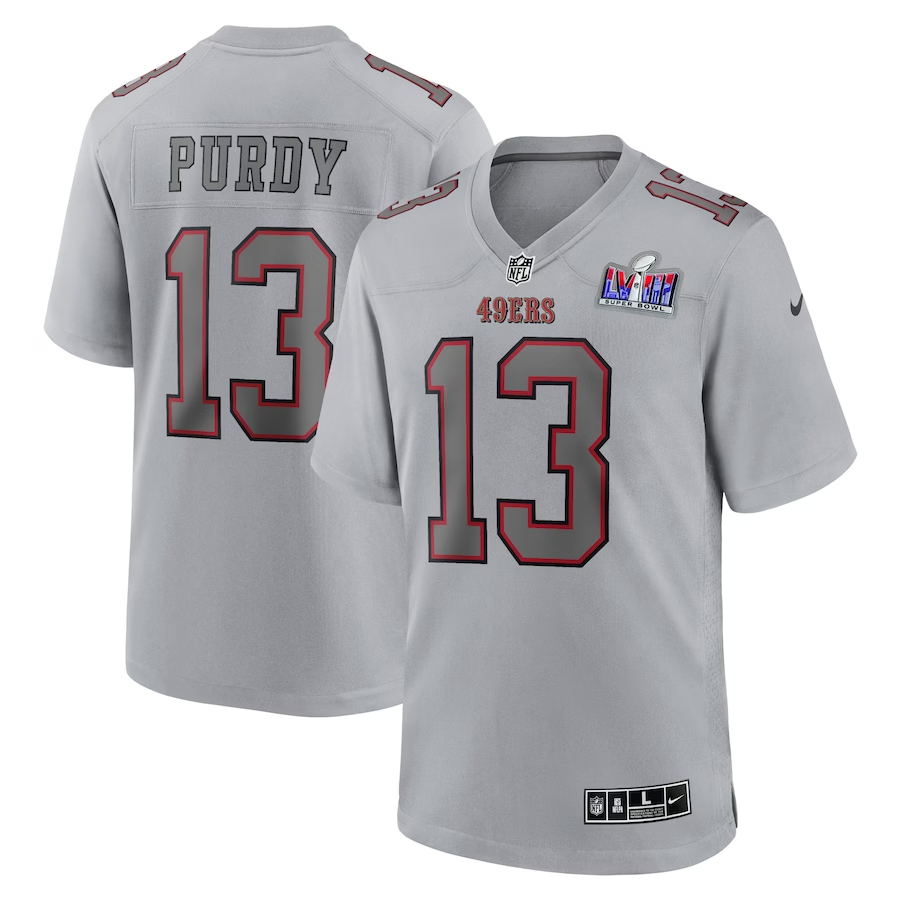 Men's San Francisco 49ers #13 Brock Purdy Gray Nike Super Bowl LVIII Atmosphere Fashion Game Football Stitched Jersey