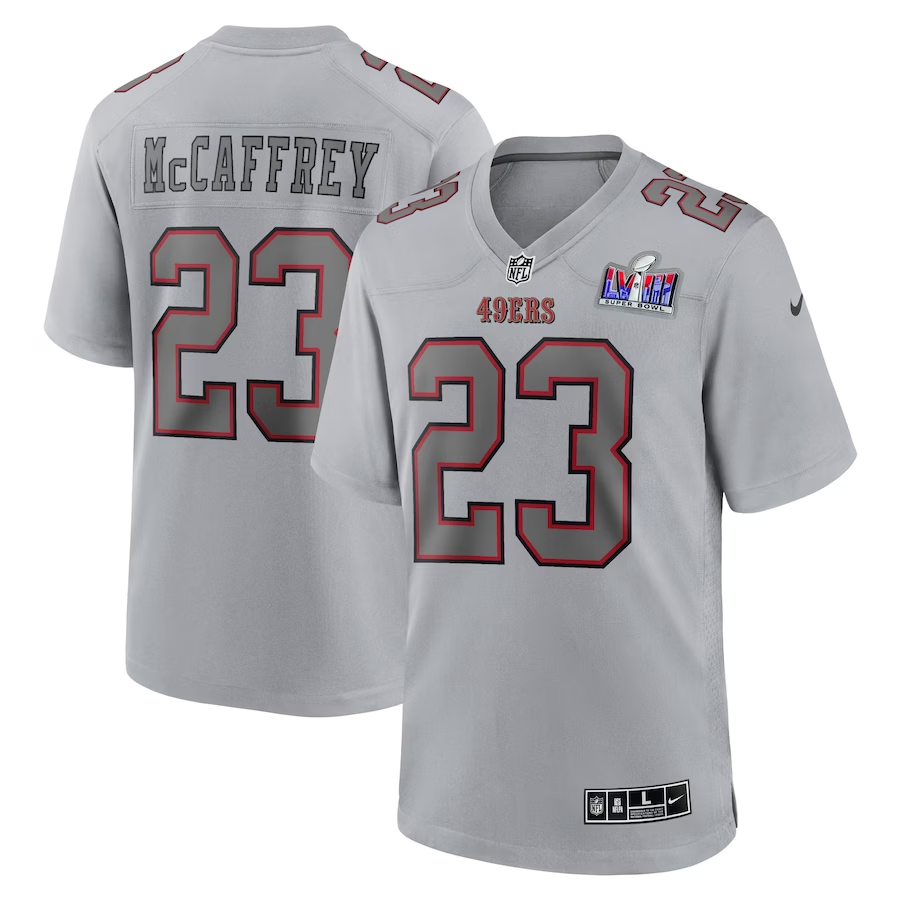 Men's San Francisco 49ers #23 Christian McCaffrey Gray Nike Super Bowl LVIII Atmosphere Fashion Game Football Stitched Jersey