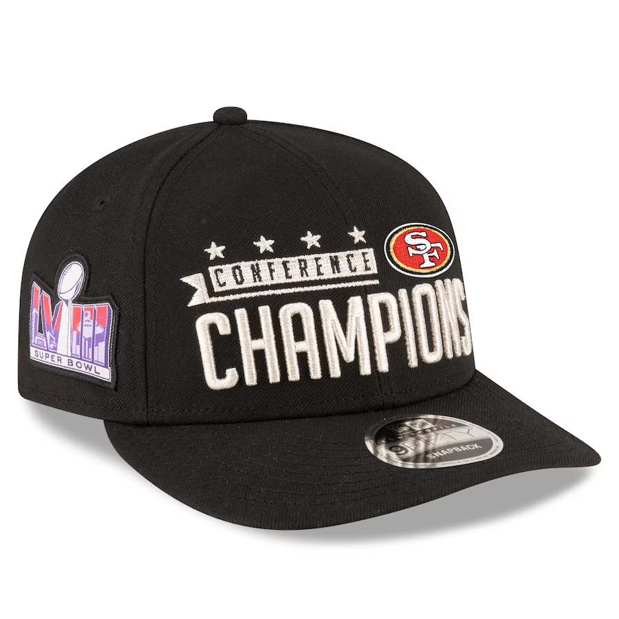 Men's San Francisco 49ers Black New Era 2023 NFC Champions Locker Room Low Profile 9FIFTY Snapback Hat