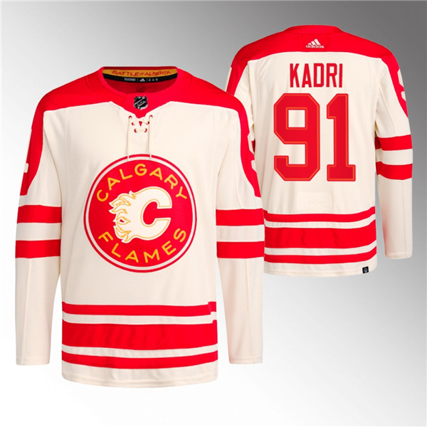 Men's Calgary Flames #91 Nazem Kadri 2023 Cream Classic Primegreen Stitched Jersey