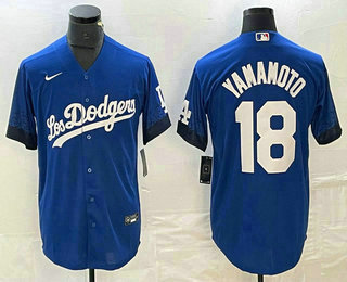 Men's Los Angeles Dodgers #18 Yoshinobu Yamamoto Blue 2021 City Connect Cool Base Stitched Jersey