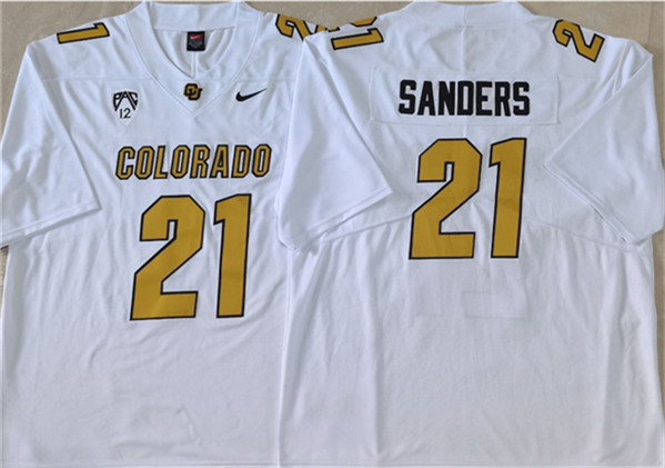 Men's Colorado Buffaloes #21 Shilo Sanders White 2023 With PAC-12 Patch Stitched Football Jersey