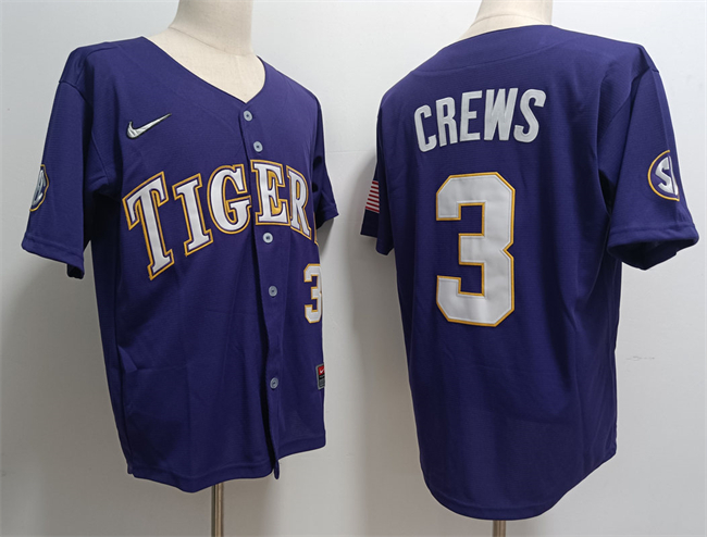 Men's LSU Tigers #3 ylan Crews Purple 2023 Stitched Baseball Jersey