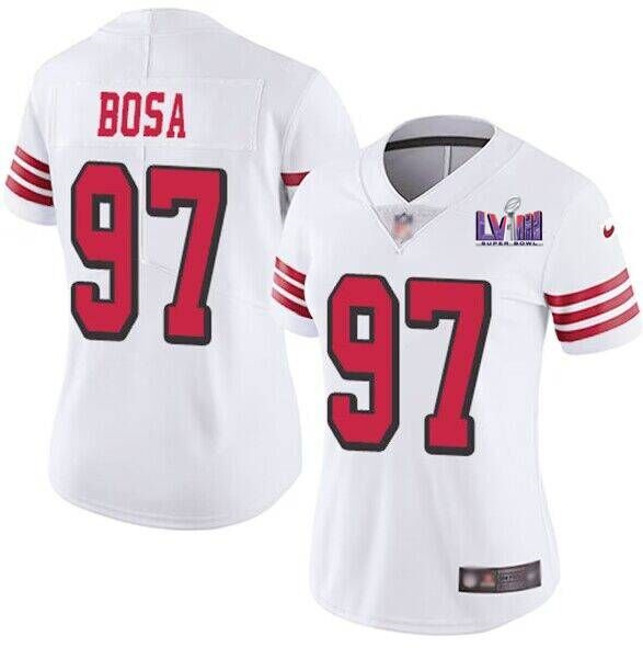 Women's San Francisco 49ers #97 Nick Bosa New White Super Bowl LVIII Patch Vapor Untouchable Limited Stitched Jersey