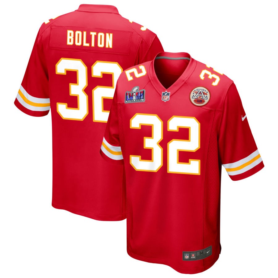 Men's Kansas City Chiefs #32 Nick Bolton Nike Red Super Bowl LVIII Patch Game Football Stitched Jersey