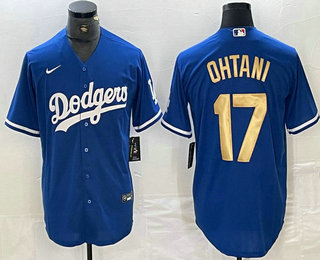 Men's Los Angeles Dodgers #17 Shohei Ohtani Blue Gold Stitched Cool Base Nike Jersey