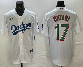 Men's Los Angeles Dodgers #17 Shohei Ohtani White Green Stitched Cool Base Nike Jerseys