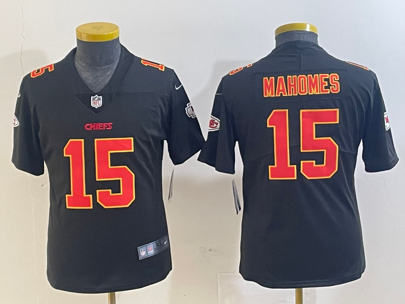 Youth Kansas City Chiefs #15 Patrick Mahomes Black Fashion Vapor Limited Stitched Jersey