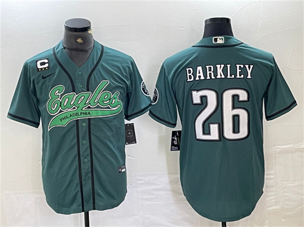 Men's Philadelphia Eagles #26 Saquon Barkley Green With 3-star C Patch Cool Base Baseball Stitched Jerseys