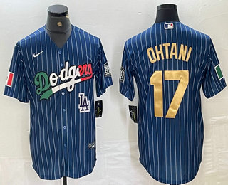 Men's Los Angeles Dodgers #17 Shohei Ohtani Mexico Blue Gold Pinstripe Cool Base Stitched Jerseys