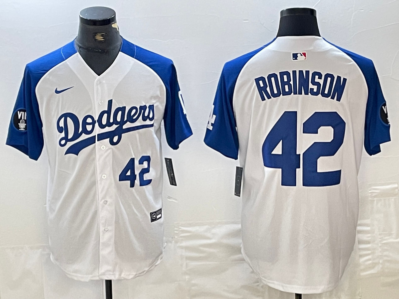 Mens Los Angeles Dodgers #42 Jackie Robinson Number White Blue Fashion Stitched Cool Base Limited Jersey