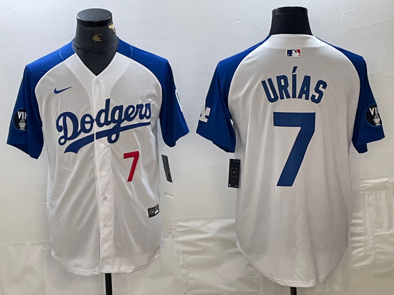 Men's Los Angeles Dodgers #7 Julio Urias Number White Blue Fashion Stitched Cool Base Limited Jersey