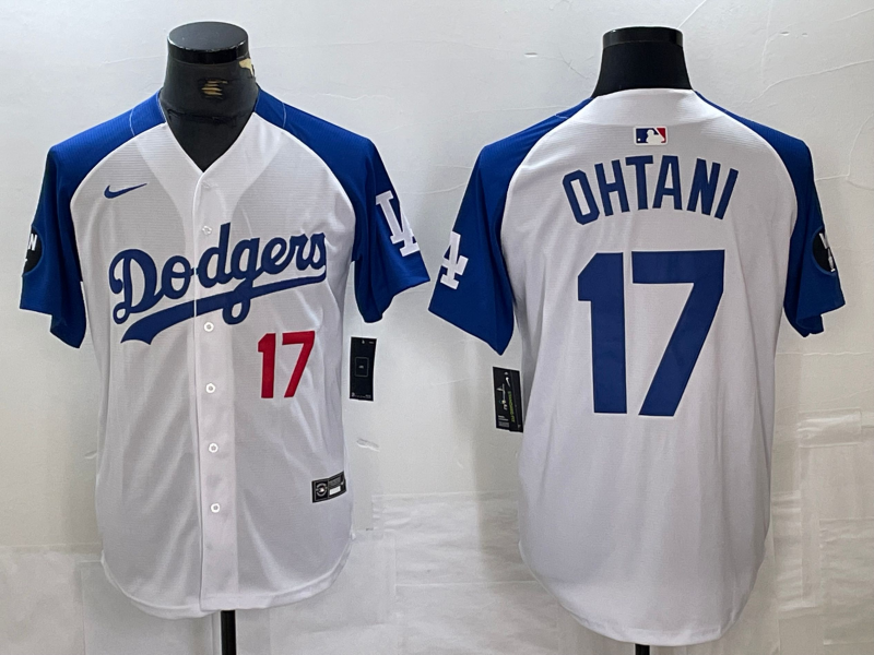 Men's Los Angeles Dodgers #17 Shohei Ohtani Number White Blue Fashion Stitched Cool Base Limited Jerseys