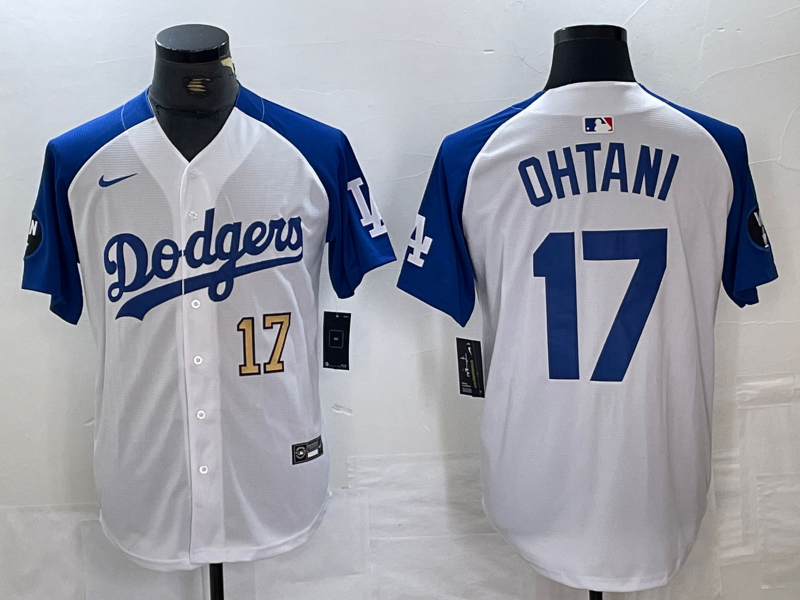 Mens Los Angeles Dodgers #17 Shohei Ohtani Number White Blue Fashion Stitched Cool Base Limited Jersey