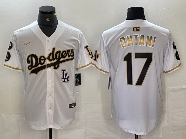 Men's Los Angeles Dodgers #17 Shohei Ohtani White Gold Fashion Stitched Cool Base Limited Jersey