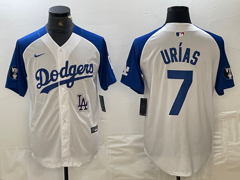 Men's Los Angeles Dodgers #7 Julio Urias White Blue Fashion Stitched Cool Base Limited Jerseys