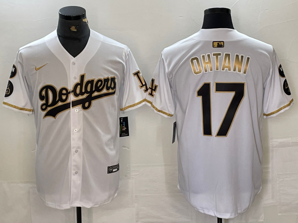 Men's Los Angeles Dodgers #17 Shohei Ohtani White Gold Fashion Stitched Cool Base Limited Jerseys