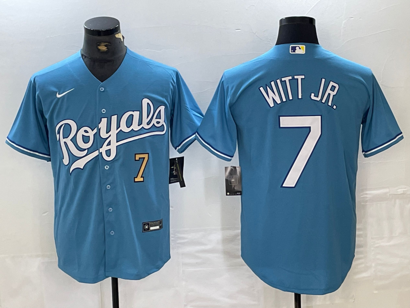 Men's Kansas City Royals #7 Bobby Witt Jr Number Light Blue Cool Base Stitched Jersey