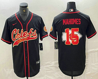 Men's Kansas City Chiefs #15 Patrick Mahomes Black Team Big Logo With Patch Cool Base Stitched Baseball Jersey