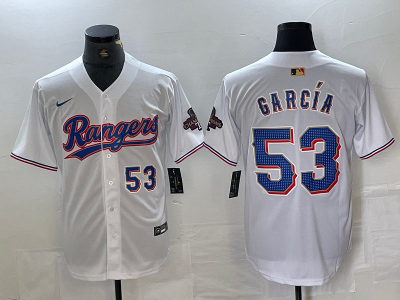 Men's Texas Rangers #53 Adolis Garcia Number White 2023 World Series Champions Cool Base Jersey