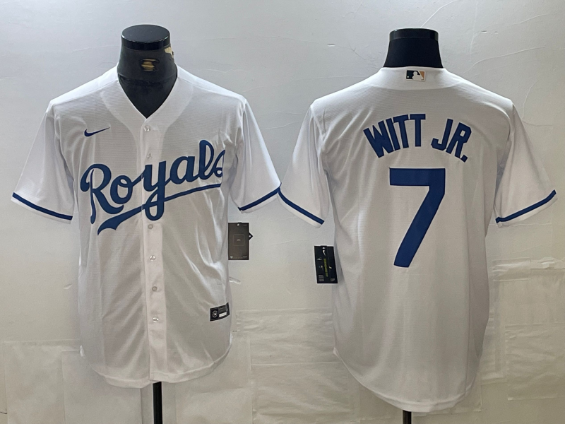 Mens Kansas City Royals #7 Bobby Witt Jr Number White Cool Base Stitched MLB Jersey