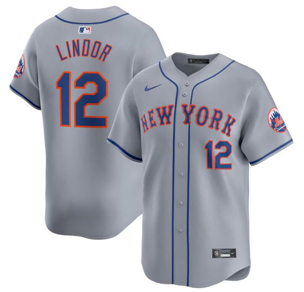 Men's New York Mets #12 Francisco Lindor 2024 Gray Away Limited Stitched Baseball Jersey