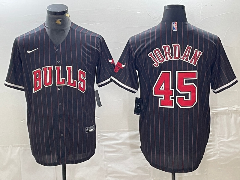 Men's Chicago Bulls #45 Michael Jordan Black Pinstripe Cool Base Stitched Baseball Jerseys