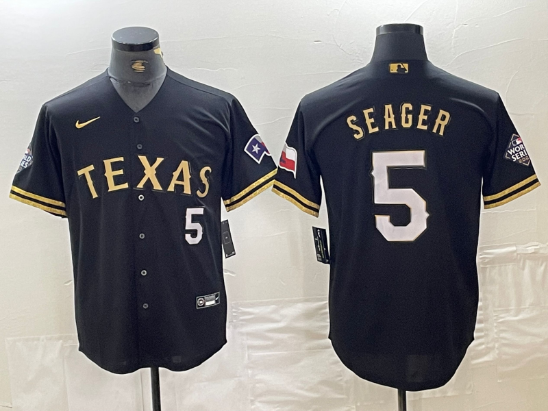 Men's Texas Rangers #5 Corey Seager Number Black Gold Cool Base Stitched Baseball Jersey