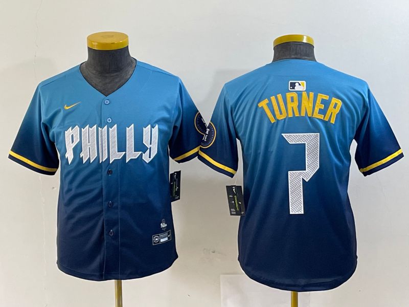 Youth Philadelphia Phillies #7 Trea Turner Blue 2024 City Connect Limited Stitched Jersey