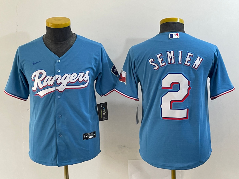 Youth Texas Rangers #2 Marcus Semien Light Blue Team Logo Cool Base Jersey