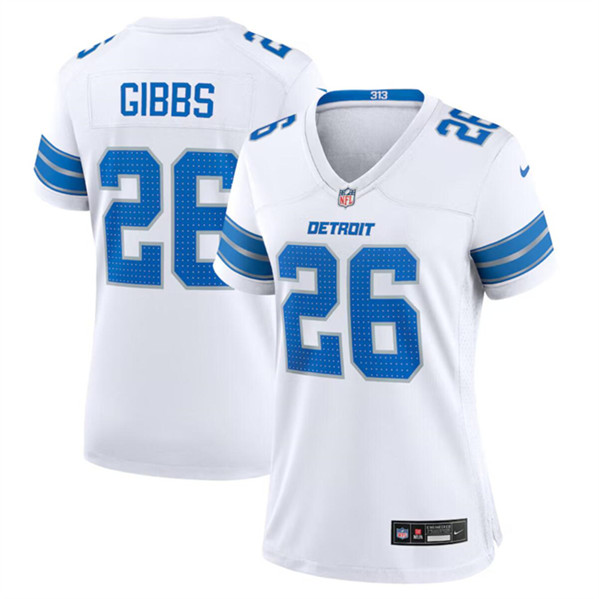 Women's Detroit Lions #26 Jahmyr Gibbs White Stitched Jersey(Run Smaller)