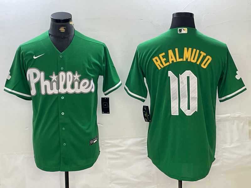 Men's Philadelphia Phillies #10 JT Realmuto Kelly Green Cool Base Jersey