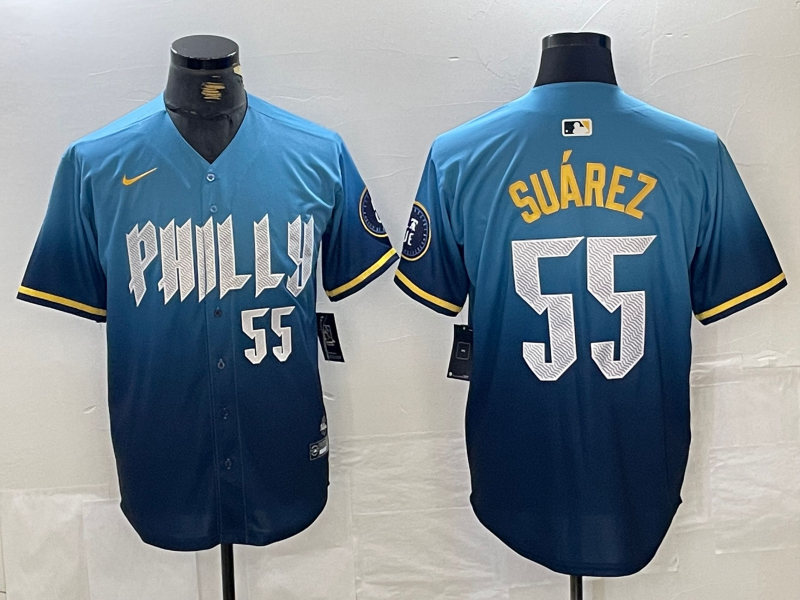 Men's Philadelphia Phillies #55 Ranger Suarez Blue 2024 City Player Number Cool Base Jersey