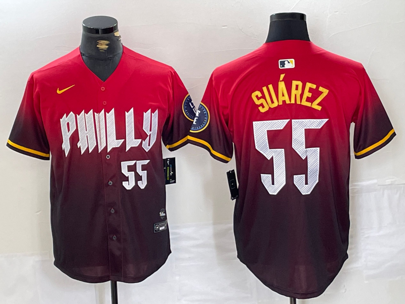 Mens Philadelphia Phillies #55 Ranger Suarez Red 2024 City Player Number Cool Base Jersey