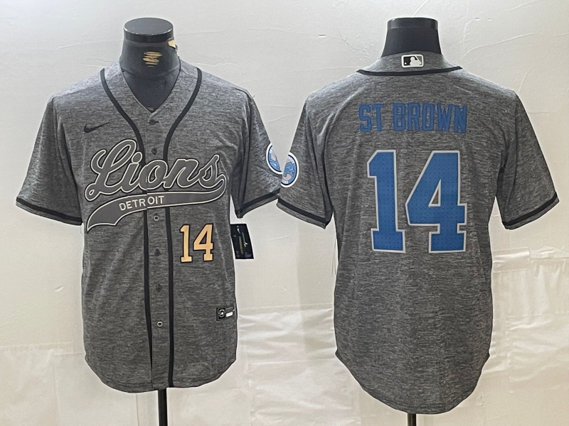 Men's Detroit Lions #14 Amon-Ra St. Brown Number Gray Cool Base Stitched Baseball Jersey