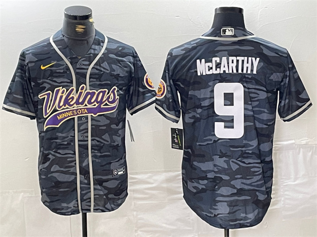 Men's Minnesota Vikings #9 J.J. McCarthy Gray Camo Cool Base Stitched Baseball Jersey