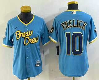 Women's Milwaukee Brewers #10 Sal Frelick Blue 2022 City Connect Cool Base Stitched Jersey