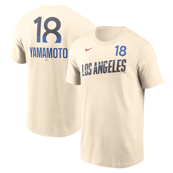 Men's Brooklyn Dodgers #18 Yoshinobu Yamamoto Cream 2024 City Connect Fuse Name & Number T-Shirt