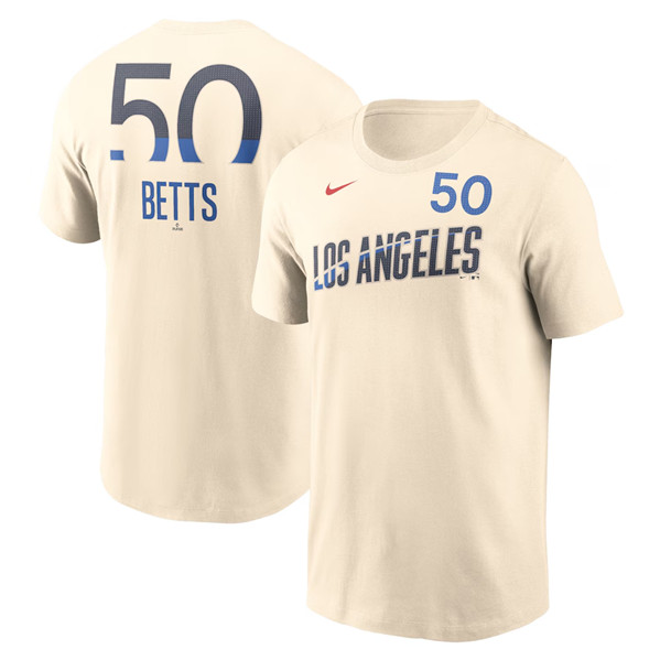 Men's Brooklyn Dodgers #50 Mookie Betts Cream 2024 City Connect Fuse Name & Number T-Shirt