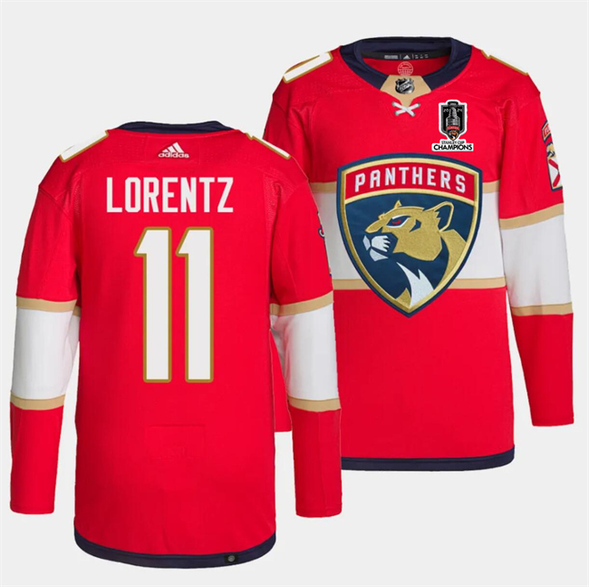 Men's Florida Panthers #11 Steven Lorentz Red Home 2024 Stanley Cup Champions Stitched Jersey