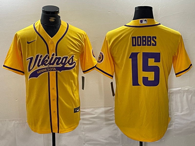 Men's Minnesota Vikings #15 Josh Dobbs Yellow With Patch Cool Base Stitched Baseball Jersey